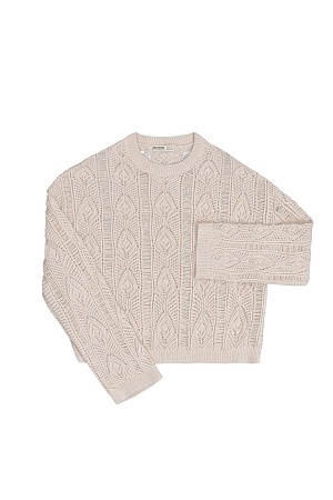 бежевый Трикотажный джемпер из шерсти альпака ажурной вязки. Модель свободного силуэта со спущенной линией плеч и круглым вырезом горловины. Манжеты и низ изделия выполнены в рубчик.