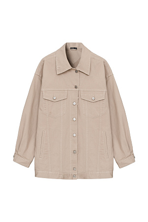 бежевый Джинсовый жакет прямого кроя. Отложной воротник, длинные рукава с манжетами на пуговицах. Модель декорирована накладными карманами на груди и брендированным ярлыком на спине. Застежка на пуговицы.