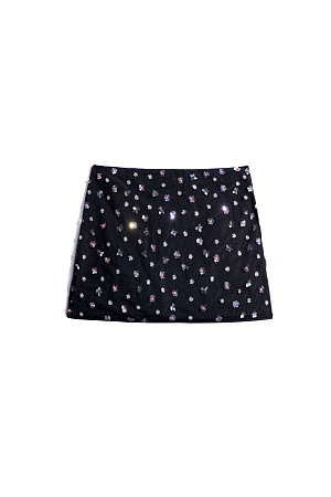 черный Юбка длины мини, расшитая пайетками и бисером. Застежка на потайную молнию. Изделие на подкладке.