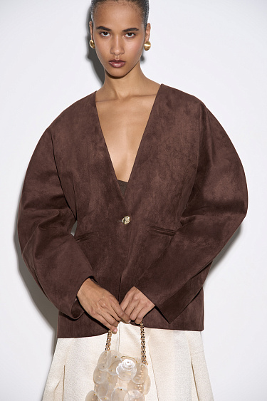 Жакет с объемными рукавами с отделкой под замшу 