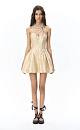 Корсетное платье длины мини с жаккардовым растительным орнаментом. Модель прилатенного силуэта с объемной юбкой и фигурным вырезом декольте. Застежка на молнию сзади. Изделие на подкладке.