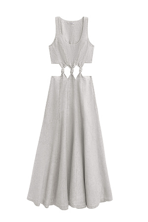 серый Платье длины миди из 100% льна. Модель приталенного силуэта с расклешенной юбкой, без рукавов, на широких бретельках и&nbsp;&nbsp;U-вырезом горловины. Изделие декорировано вертикальными швами и объемными узлами на талии. 