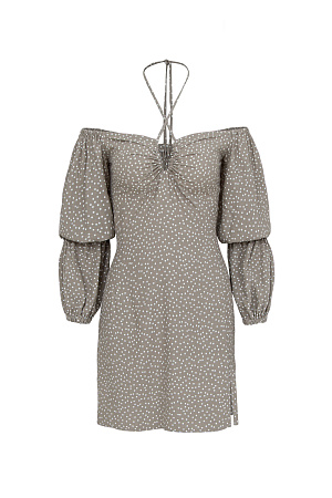 хаки Платье из вискозы с рукавами-фонариками и тонкой лентой-завязкой.