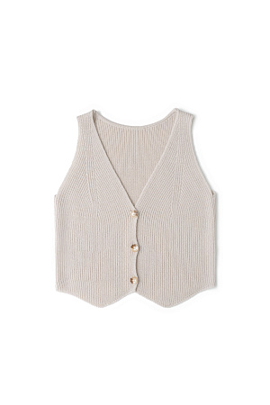 бежевый Трикотажный жилет из шерсти. Модель прямого кроя с V-образным вырезом и застежкой на пуговицы. Дополнить образ можно юбкой в таком же стиле.