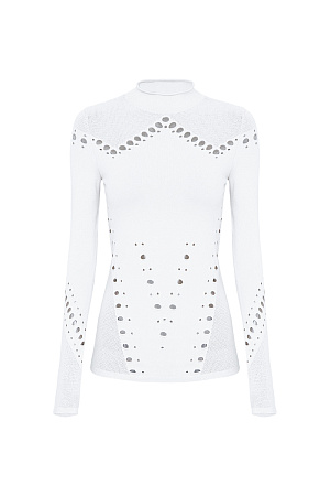 белый Трикотажная длинная водолазка из тонкой эластичной вискозы. Модель облегающего силуэта, с длинными рукавами и невысоким воротником-стойкой. Изделие выполнено в комбинированной технике вязки, сочетающей гладь и сетку.&nbsp;&nbsp;Водолазка декорирована вырезами, создающими геометрический узор.