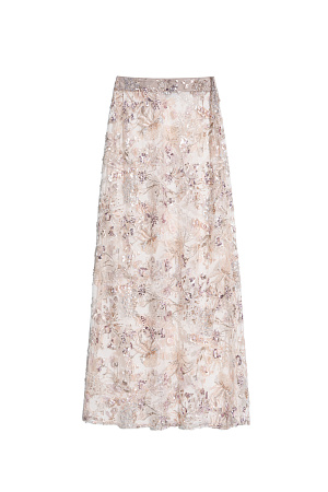 бежевый Юбка длины макси с цветочным орнаментом, вышитым пайетками и бисером. Застежка на потайную молнию. Изделие без подкладки.