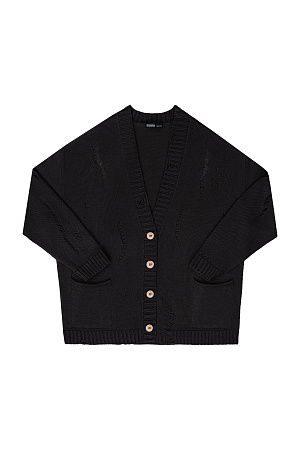 черный Кардиган из 100% льна с рваным узором. Дополнить образ можно топом.