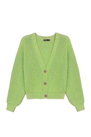 зеленый Хлопковый кардиган полуфанг с длинными рукавами. V-образный вырез, низ изделия и манжеты на эластичной ленте в рубчик.