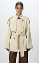 Двубортное пальто с добавлением верблюжьей шерсти. Модель прямого свободного силуэта с отложным воротником и боковыми карманами. Изделие декорировано отлетной кокеткой и широкими лацканами на плечах. На талии расположены шлевки, через которые продевается пояс, выполненный из того же материала, что и пальто. Без подкладки. 