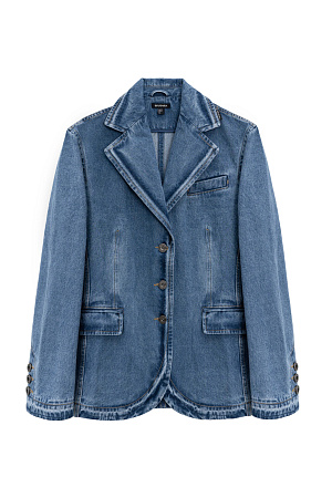 синий Джинсовый жакет из 100% хлопка. Модель прямого кроя с классическим английским воротником, боковыми карманами с клапанами, карманом на груди и пуговицами на манжетах. Застежка на три металлические пуговицы. Изделие без подкладки.