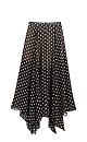 Шифоновая юбка длины миди с принтом горох. Модель А-силуэта с асимметричным подолом. Изделие выполнено на подкладке. Застежка на потайную молнию.
