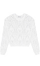 Трикотажный джемпер из хлопка, выполненный ажурной вязкой с орнаментом. Модель свободного силуэта с длинными рукавами и круглым вырезом горловины. Манжеты и низ изделия выполнены в рубчик.