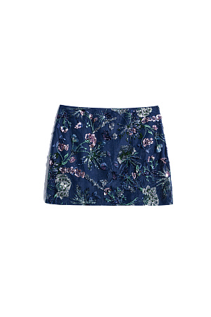 синий Юбка длины мини с цветочным орнаментом, вышитым пайетками и бисером. Застежка на потайную молнию. Изделие выполнено на подкладке.