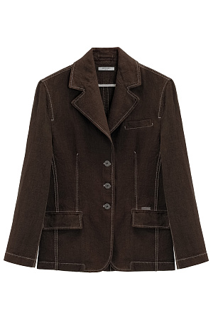 коричневый Классический однобортный жакет из 100% льна. Модель прямого кроя, с широкими лацканами и застежкой на три пуговицы. Нагрудный и два прорезных кармана с клапанами. Изделие декорировано строчкой контрастного цвета. 