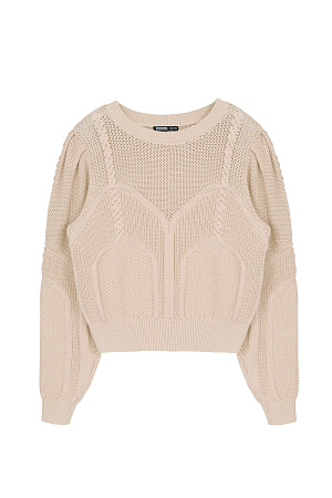 бежевый Хлопковый джемпер с круглым вырезом и объемными рукавами. Ажурный рисунок с объемными косами.