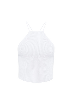 белый Трикотажный топ в рубчик из вискозы. Открытая спина на кулиске и тонких бретелях. 