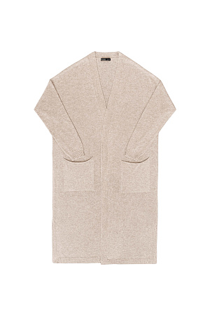 бежевый Длинный трикотажный кардиган из вискозы. Модель прямого кроя, с двумя боковыми карманами, шлевками на талии и поясом.