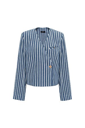 синий Укороченный жакет на запах. Модель приталенного силуэта с карманом на груди. Застежка на пуговицу. Дополнить образ можно брюками и жилетом в таком же стиле.