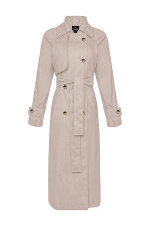 бежевый Классический тренч из водоотталкивающего текстиля. Модель прямого силуэта с поясом, отложной воротник, двубортная застежка на пуговицах и боковые карманы.
