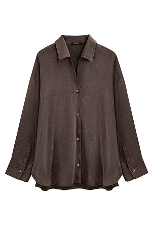 коричневый Рубашка из купры. Модель свободного кроя, с отложным воротником, V-образным вырезом, длинными рукавами с манжетами на пуговицах. 