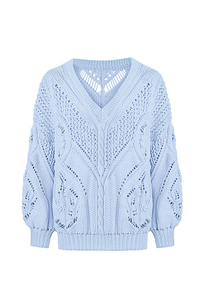 голубой Ажурный джемпер из хлопка с V-образным вырезом. Свободная посадка, длинный рукав с манжетами. Джемпер станет прекрасным дополнением к брюкам и к юбке, а фасон позволяет носить джемпер как вырезом на груди, так и на спине.