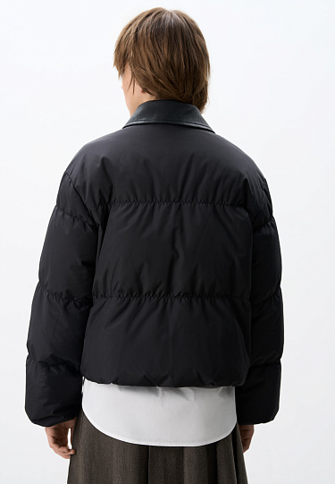 Пуховик с отложным воротником из экокожи