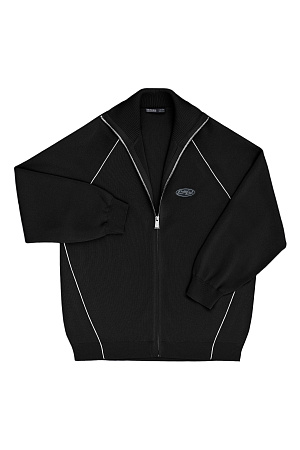 черный Бомбер в спортивном стиле из вискозы с лампасом. Модель с воротником-стойкой, манжетами на эластичной резинке и застежкой на молнию. Изделие декорировано лампасами контрастного цвета и брендированным ярлыком на груди. 