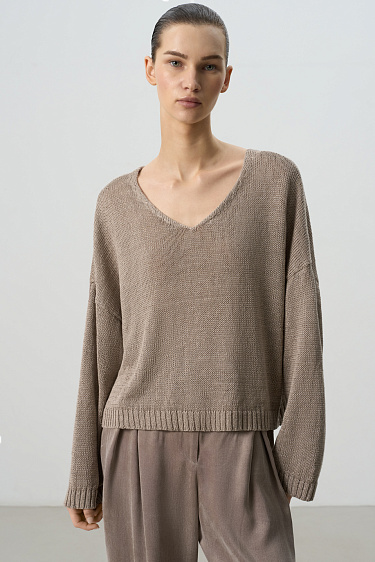 Джемпер из 100% льна с V-образным вырезом