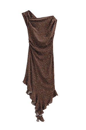 коричневый Платье с принтом из 100% креповой вискозы длины миди. Модель прямого силуэта, без рукавов, на широких бретельках с перекрутом, асимметричной юбкой, оборками и драпировкой на талии. 