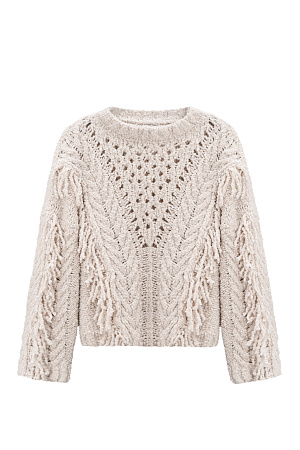 бежевый Трикотажный джемпер из шерсти мериноса в стиле бохо. Модель свободного силуэта со спущенной линией плеча и круглым вырезом горловины. Изделие декорировано вывязанными крупными косами и длинной бахромой. 