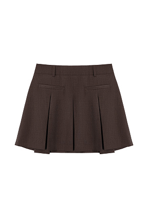коричневый Юбка длины мини из шерсти. Модель прямого кроя, с крупными складками, поясом со шлевками для ремня, врезными карманами спереди и застежкой на молнию. Изделие без подкладки.