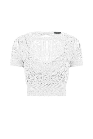 белый Трикотажный ажурный топ из хлопка с добавлением эластана. Модель с короткими рукавами и открытой спиной.