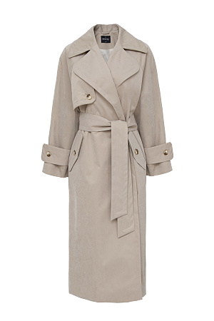 бежевый Плащ выполнен из водоотталкивающего текстиля на запах. Модель свободного кроя дополнена поясом в тон, длинные рукава с хлястиками.
