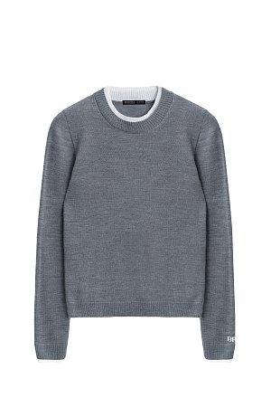 серый Трикотажный джемпер из шерсти. Модель свободного силуэта с контрастными манжетами и воротничком. Изделие декорировано брендированным жаккардом на рукаве и логотипом на спине.