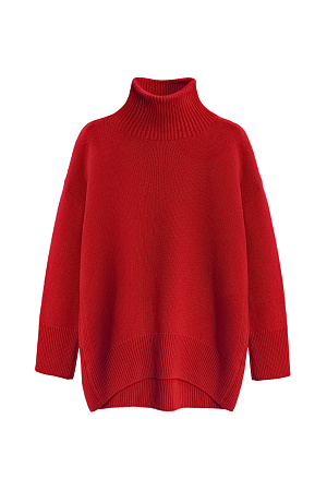 красный Трикотажный джемпер из мягкой шерсти с добавлением кашемира. Высокий ворот, заниженная линия плеч, удлиненная спинка. Края изделия сделаны в широкий рубчик. Можно дополнить комплектными брюками.