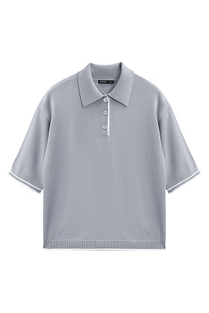серый Трикотажная футболка поло из вискозы. Модель прямого силуэта, со спущенной линией плеч, короткими рукавами, отложным воротником-поло и планкой с тремя пуговицами. Рукава и нижний край изделия декорированы кантом контрастного цвета. 