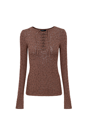 коричневый Трикотажный топ из органического хлопка. Модель с длинными рукавами и шнуровкой спереди. <br />
Изделие декорировано жаккардовым рисунком, имитирующим пятна леопарда. <br />
Органический хлопок - более экологичная и безопасная альтернатива обычному хлопку, выращенная без использования химикатов.