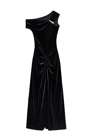 черный Вечернее платье длины макси из бархатной вискозы. Модель асимметричного кроя с одним коротким рукавом и перемычкой на плече. Изделие декорировано драпировкой.
