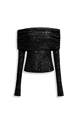 черный Топ с пайетками. Модель приталенного силуэта с длинным рукавом и открытой линией плеч. На подкладке. 