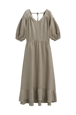 зеленый Длинное платье из 100% льна с расклешением от талии и широким асимметричным воланом внизу. Короткий рукав на резинке. V-образный вырез с завязками на спине.