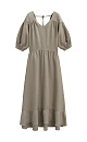 Длинное платье из 100% льна с расклешением от талии и широким асимметричным воланом внизу. Короткий рукав на резинке. V-образный вырез с завязками на спине.