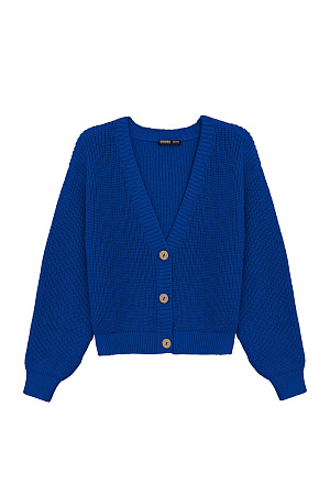 синий Хлопковый кардиган полуфанг с длинными рукавами. V-образный вырез, низ изделия и манжеты на эластичной ленте в рубчик.