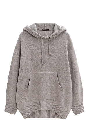 бежевый Трикотажное худи с капюшоном с добавлением шелка. Модель свободного силуэта, со спущенной линией плеч, длинными рукавами, широким капюшоном на кулиске и карманом-кенгуру. Края изделия выполнены в широкий рубчик.