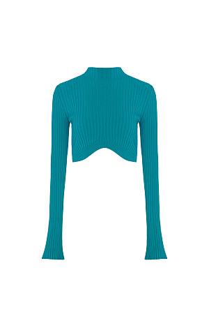 изумрудный Трикотажный топ в рубчик с длинным рукавом и фигурным низом. Дополнить образ можно юбкой в таком же стиле. 