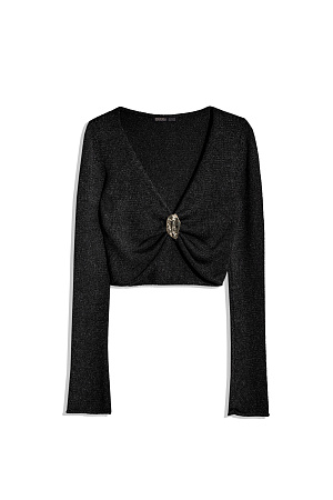 черный Трикотажный топ из вискозы с люрексом. Модель укороченного силуэта с длинными рукавами, валиками на манжетах, глубоким V-образным вырезом декольте и акцентным элементом на лифе.