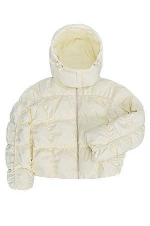 молочный Объемный пуховик с геометрической стежкой и объемными швами. Изделие с капюшоном на кулиске и воротником-стойкой. 