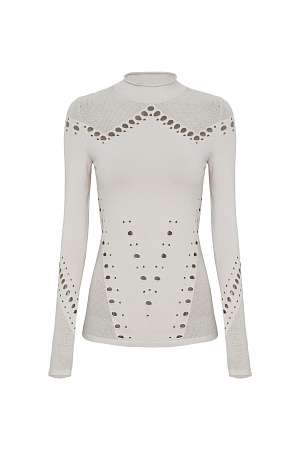 бежевый Трикотажная длинная водолазка из тонкой эластичной вискозы. Модель облегающего силуэта, с длинными рукавами и невысоким воротником-стойкой. Изделие выполнено в комбинированной технике вязки, сочетающей гладь и сетку.&nbsp;&nbsp;Водолазка декорирована вырезами, создающими геометрический узор.