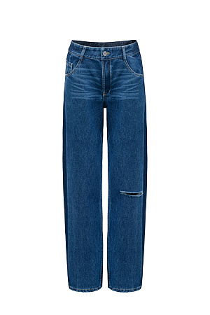 синий Джинсы из 100% хлопка с низкой посадкой. Модель прямого силуэта с разрезом на ноге и широким лампасом. Застежка на молнию и пуговицу.