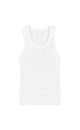 Трикотажный ажурный топ из вискозы с вывязанным орнаментом сердечками. Модель приталенного силуэта, с круглым вырезом горловины, без рукавов, на широких лямках. Края изделия выполнены в рубчик.