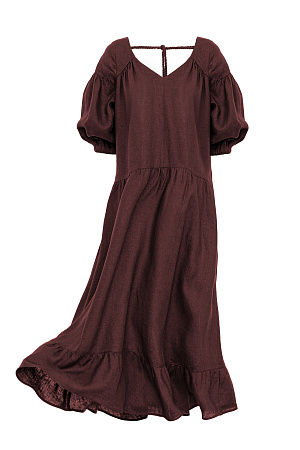 коричневый Длинное платье из 100% льна с расклешением от талии и широким асимметричным воланом внизу. Короткий рукав на резинке. V-образный вырез с завязками на спине.
